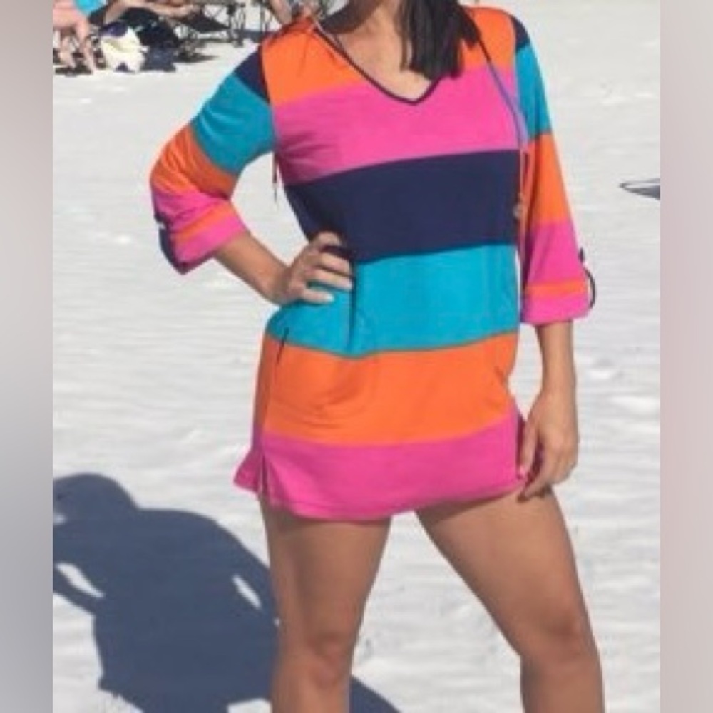 🆕 Beach Candie XL Margaret Josephs Hooded Multicolor Striped Coverup